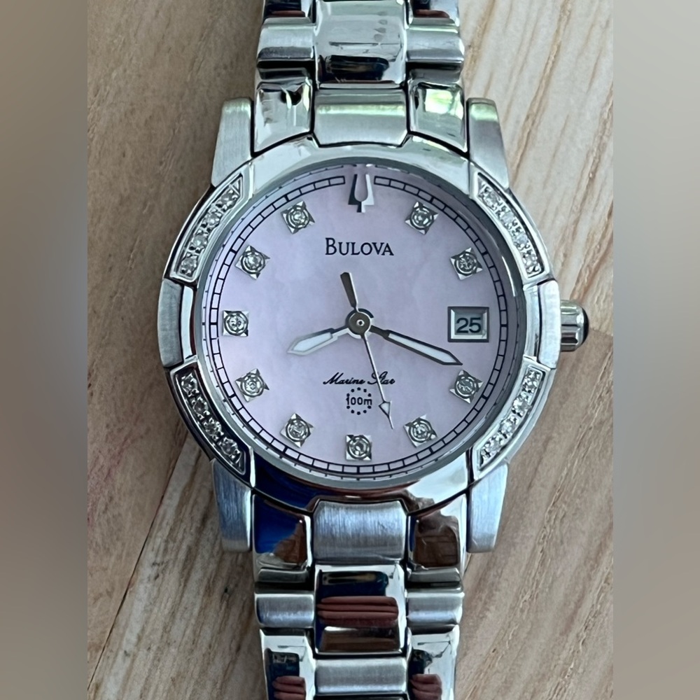 Bulova Marine Star Ladies Watch Genuine Diamonds Pink Dial Stainless Bracelet